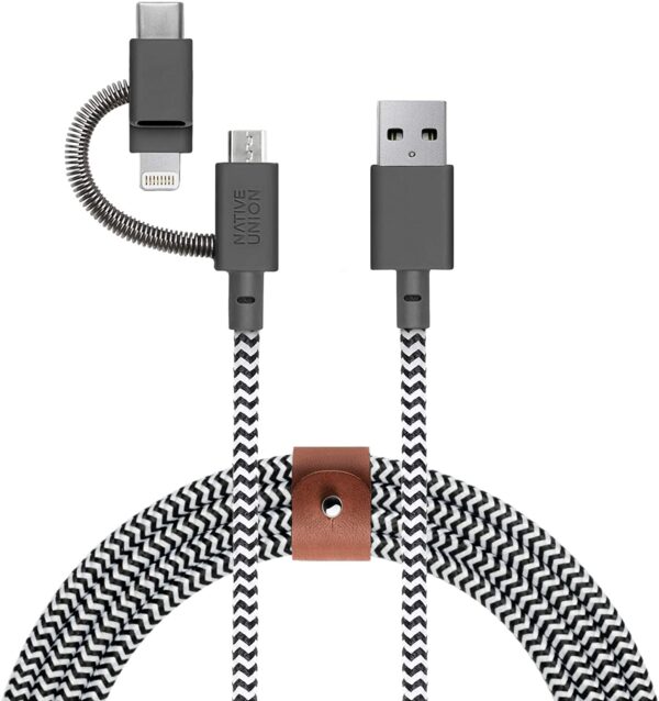 Native Union Belt Cable Universal - 6.5ft Ultra-Strong Reinforced [MFi Certified] Durable Charging Cable with 3-in-1 Adapter for Lightning, USB-C and Micro-USB Devices (Zebra)