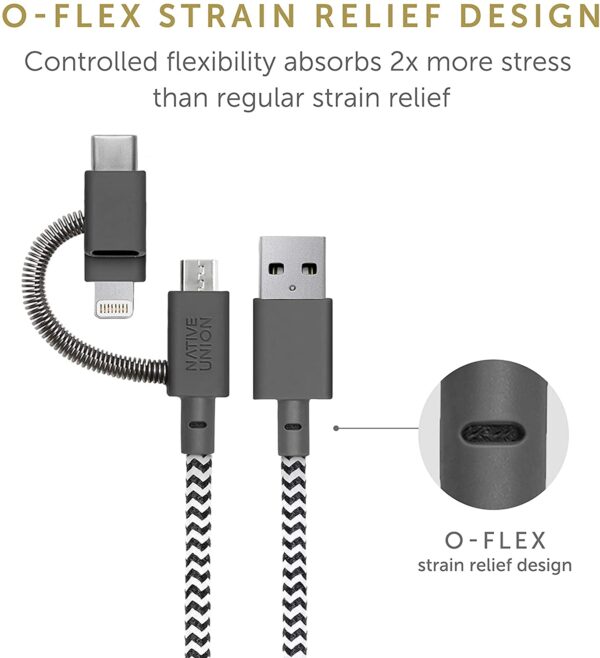 Native Union Belt Cable Universal - 6.5ft Ultra-Strong Reinforced [MFi Certified] Durable Charging Cable with 3-in-1 Adapter for Lightning, USB-C and Micro-USB Devices (Zebra) - Image 7